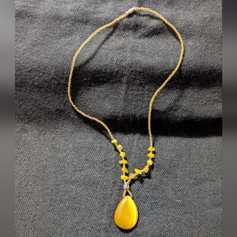 Yellow Beaded Cats Eye Teardrop Pendant Statement Necklace